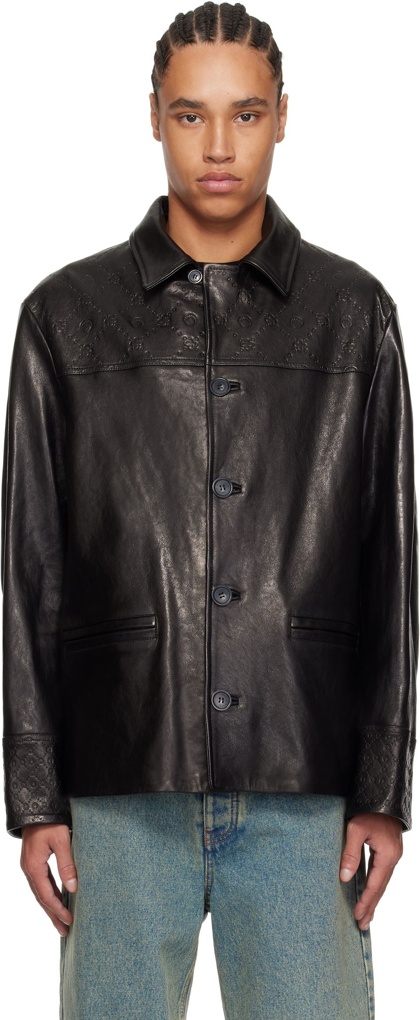 Jakna Marine Serre Marine Serre Monogram Embossed Boxy Leather Jacket Crna | MJA065B RLEA0021
