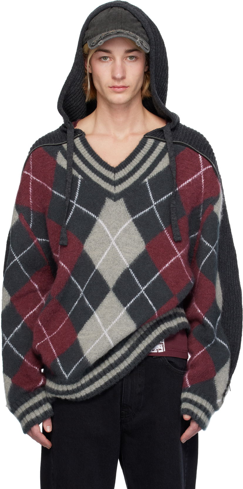 Džemper Y/PROJECT Zip Insert Argyle Hoodie Crvena | 206SW005