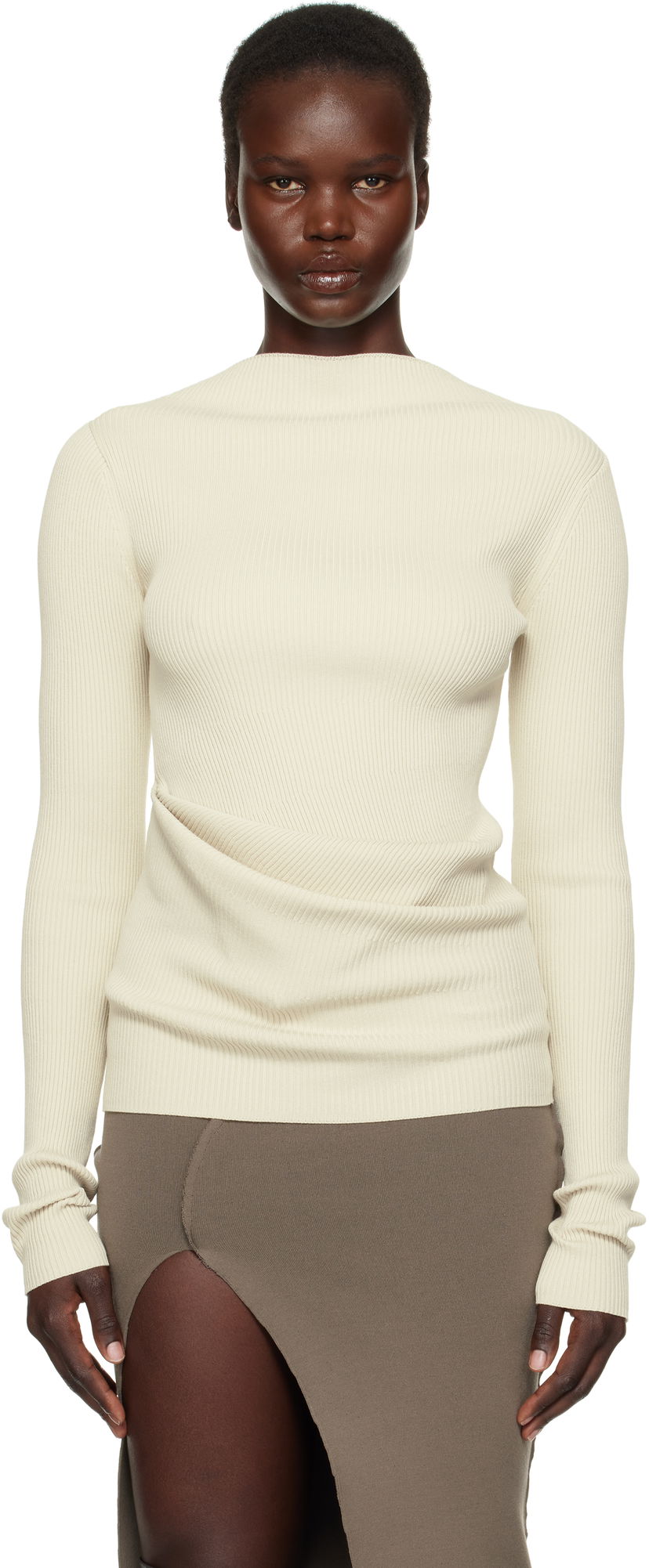 Džemper Rick Owens Rick Owens Hollywood Babel Draped Ribbed Knit Sweater Bež | RP01E7639 RIBVI