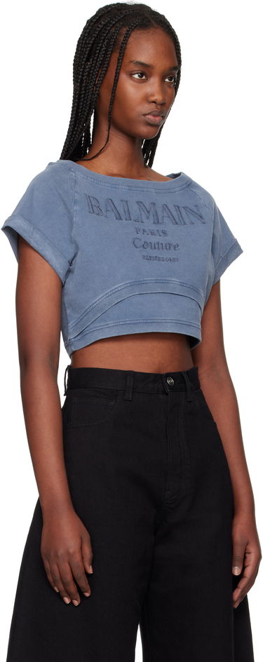 Crop top Balmain Balmain Cropped Couture Embroidered T-Shirt Plava | EF1EE121BC96, 1