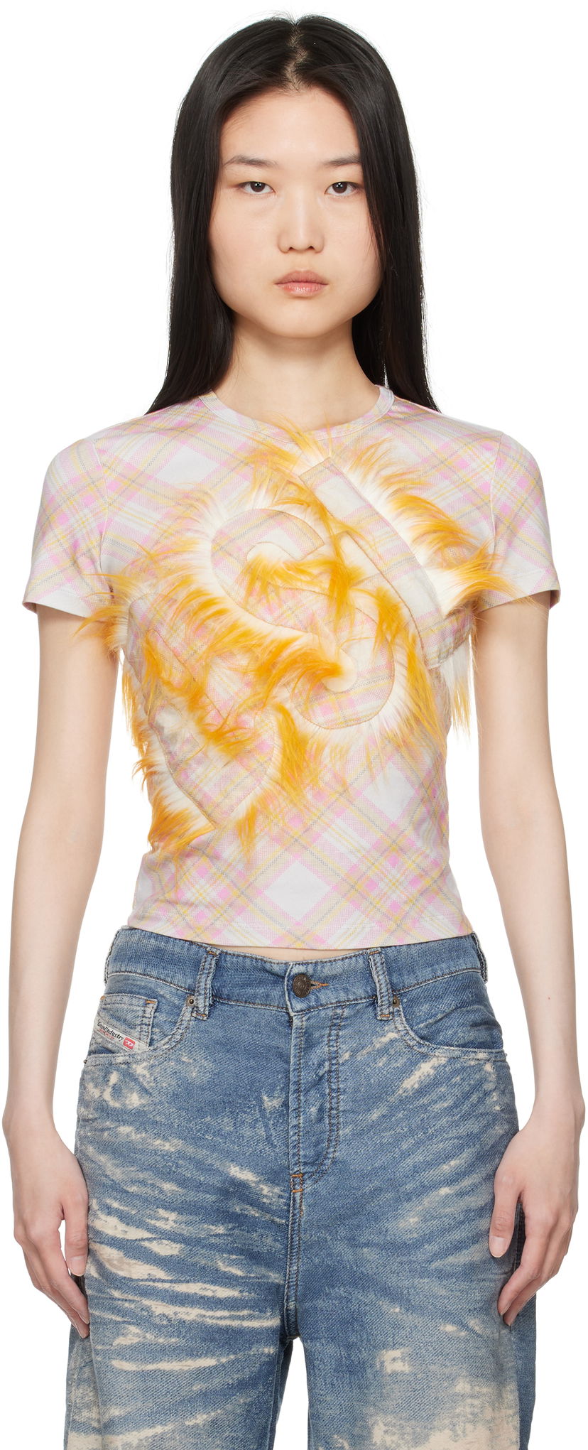 Crop top Diesel Plaid Cropped T-Shirt with Yellow Faux Fur Detail Bijela | A16538 0AMDX