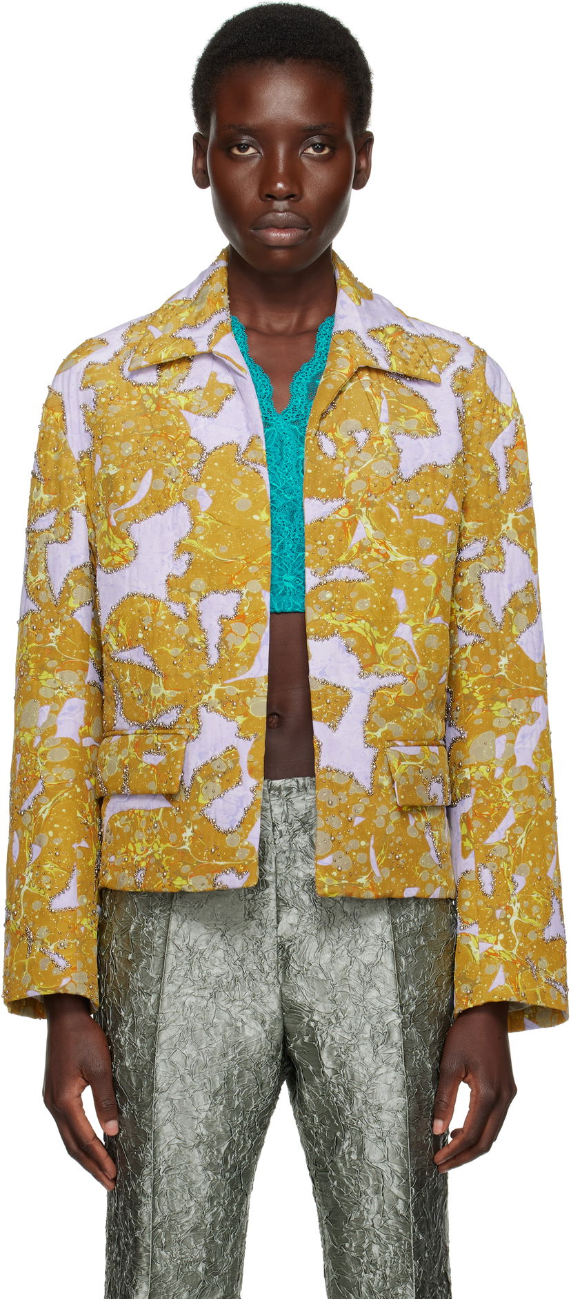 Jakna Dries Van Noten Dries Van Noten Beaded Floral Print Jacket Žuta | 251-010520-1082