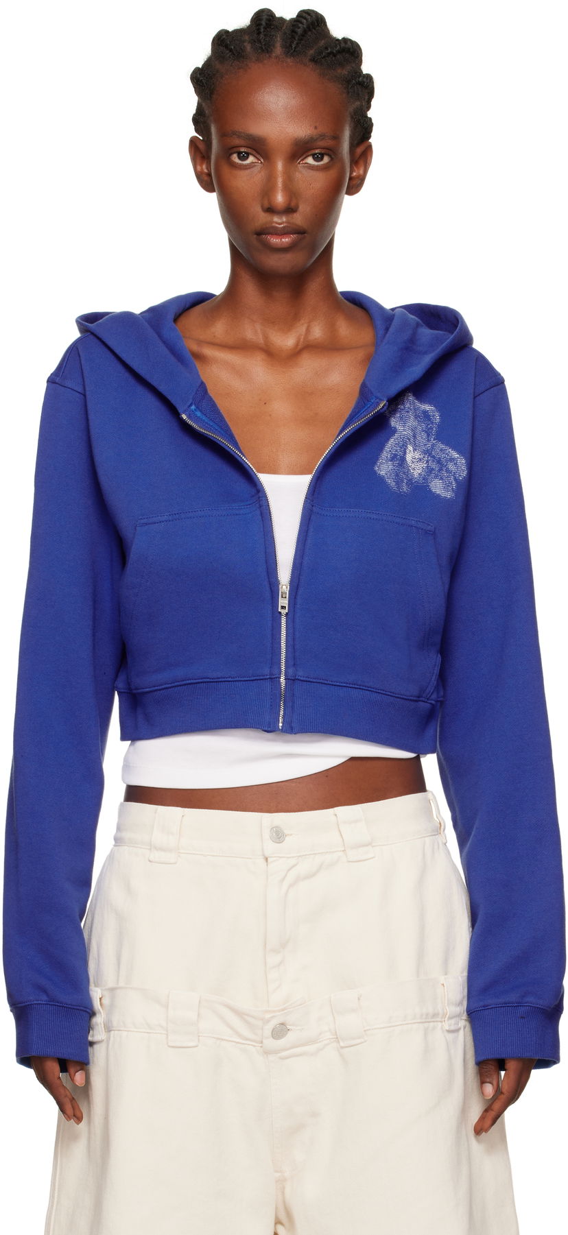 Dukserice We11done Teddy Bear Graphic Slim-Fit Cropped Zip-Up Hoodie Plava | WD-TJ2-25-870-W-BL