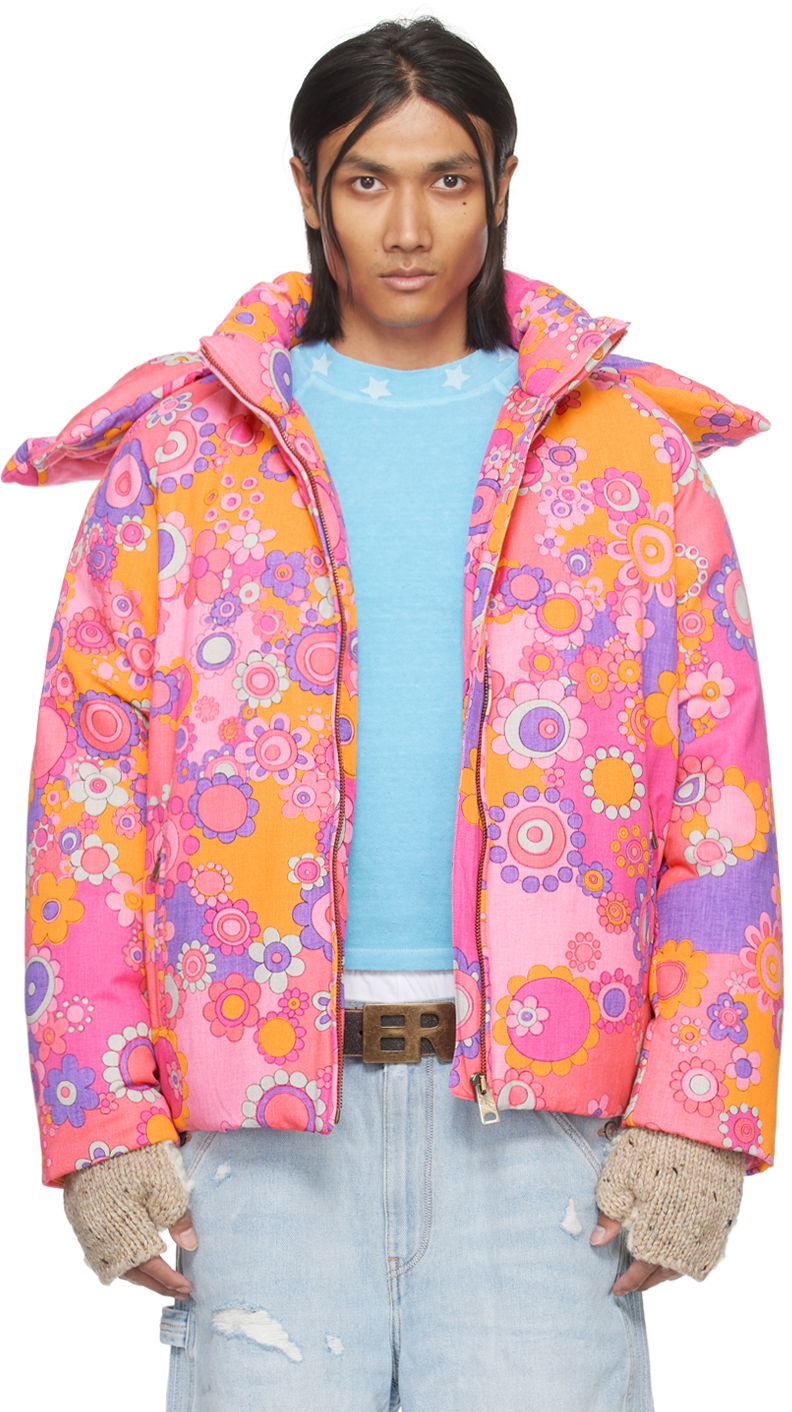 Pernata jakna ERL Floral Print Down Jacket Ružičasta | ERL07C103