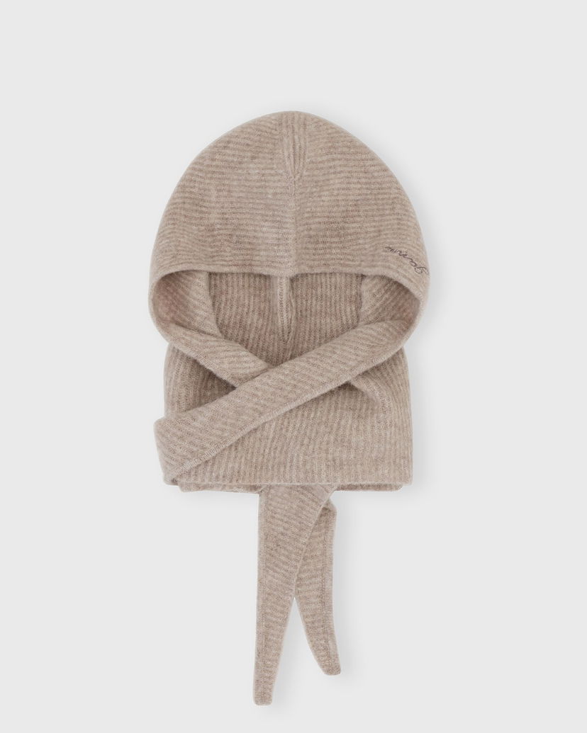 Kapica GANNI Wool Ribbed Knit Balaclava with Tie Bež | A5983-859