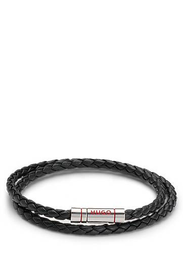 Narukvica BOSS HUGO Double Braided Leather Cuff Bracelet Crna | 50532309
