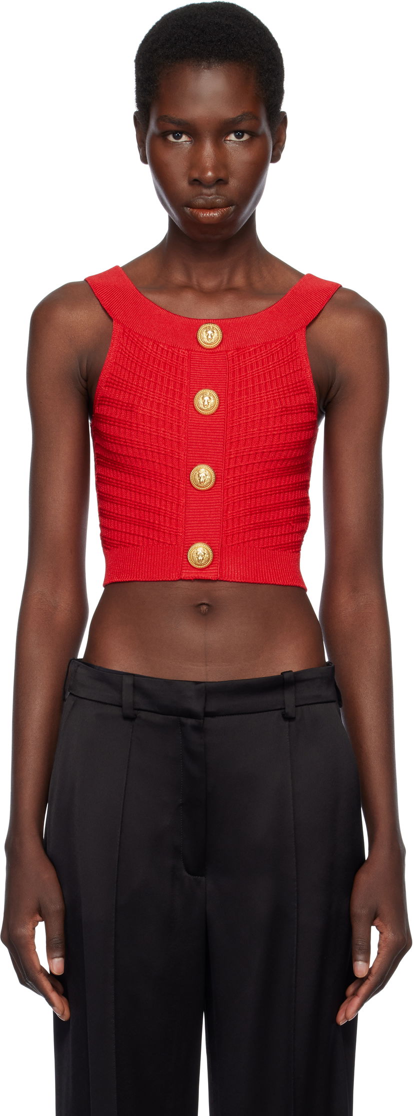 Majica bez rukava Balmain Balmain Buttoned Boatneck Knit Cropped Tank Top Crvena | EF0AB426KI42