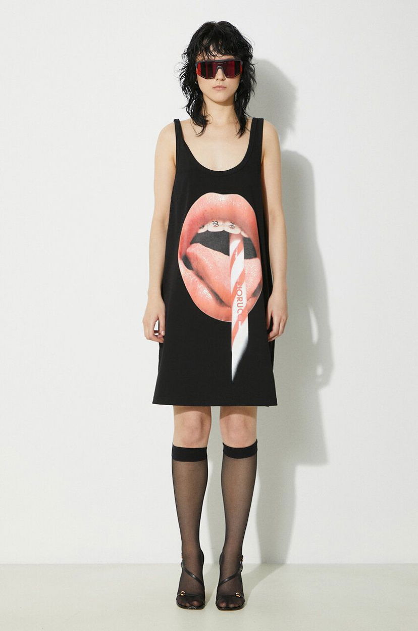 Majica bez rukava Fiorucci Fiorucci Oversize Mini Tank Dress with Mouth Print Crna | W01FPDTA111CO01BK01