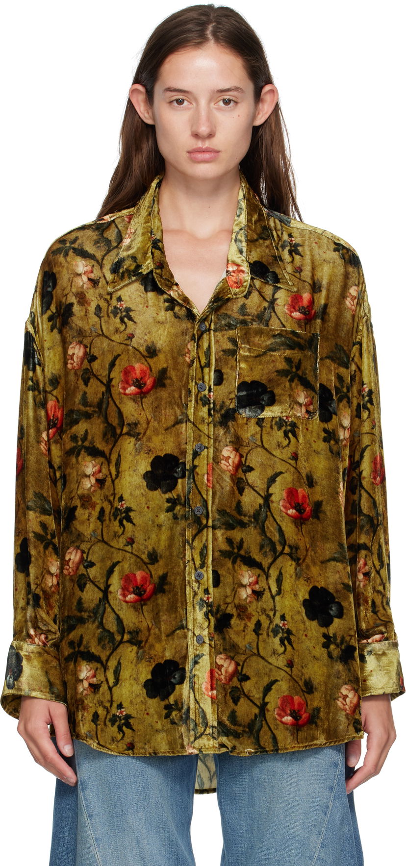 Košulja R13 R13 Floral-Print Velvet Drop-Neck Shirt Zelena | R13WR004-R595A