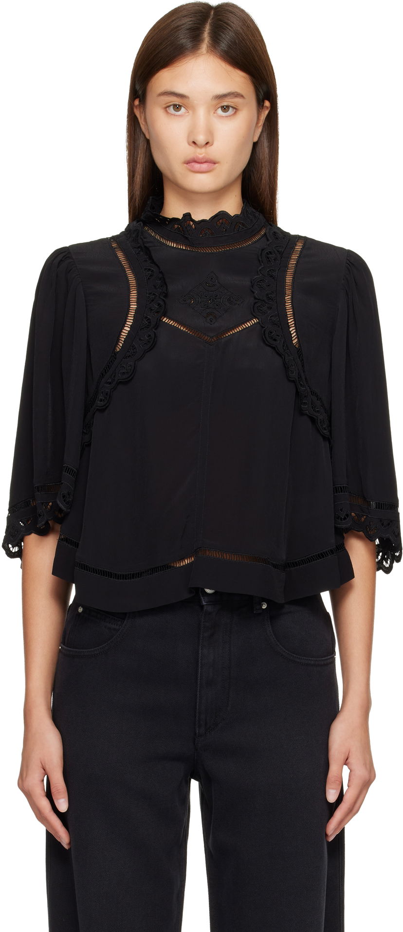 Košulja ISABEL MARANT Frany high-neck lace cut-out blouse Crna | HT0662FA-C3J11I