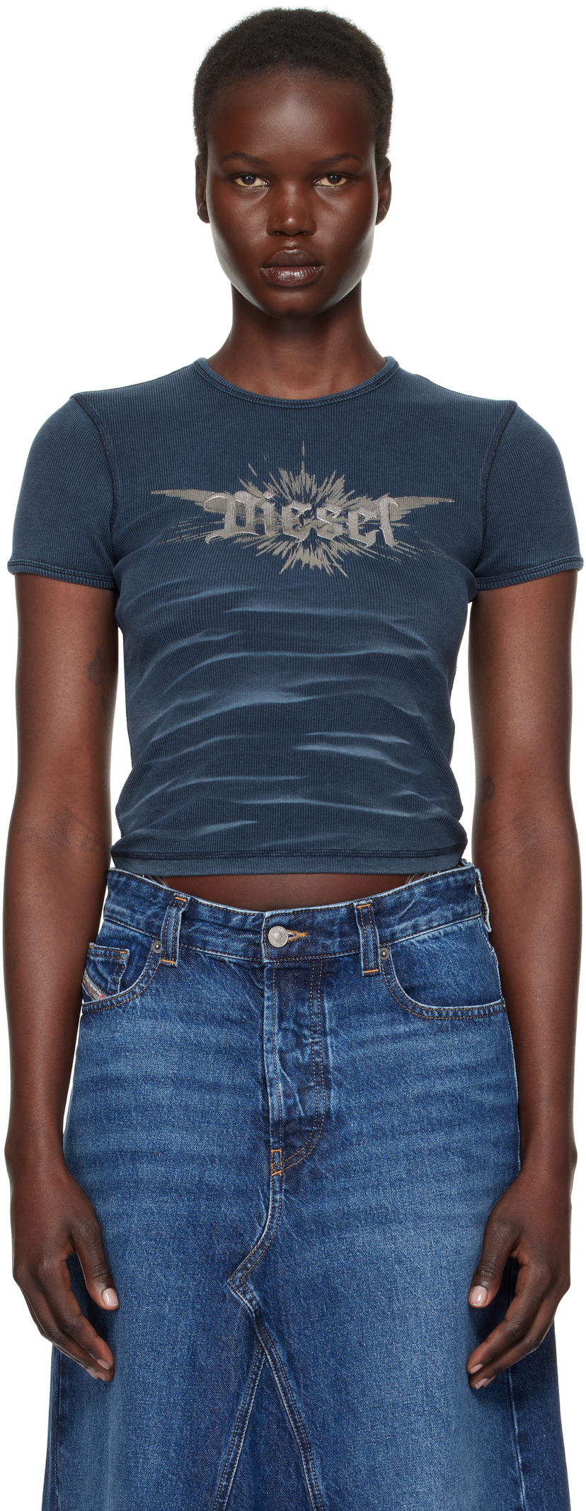 Crop top Diesel Ribbed Graphic Crop T-Shirt Plava | A14231 0WFBM