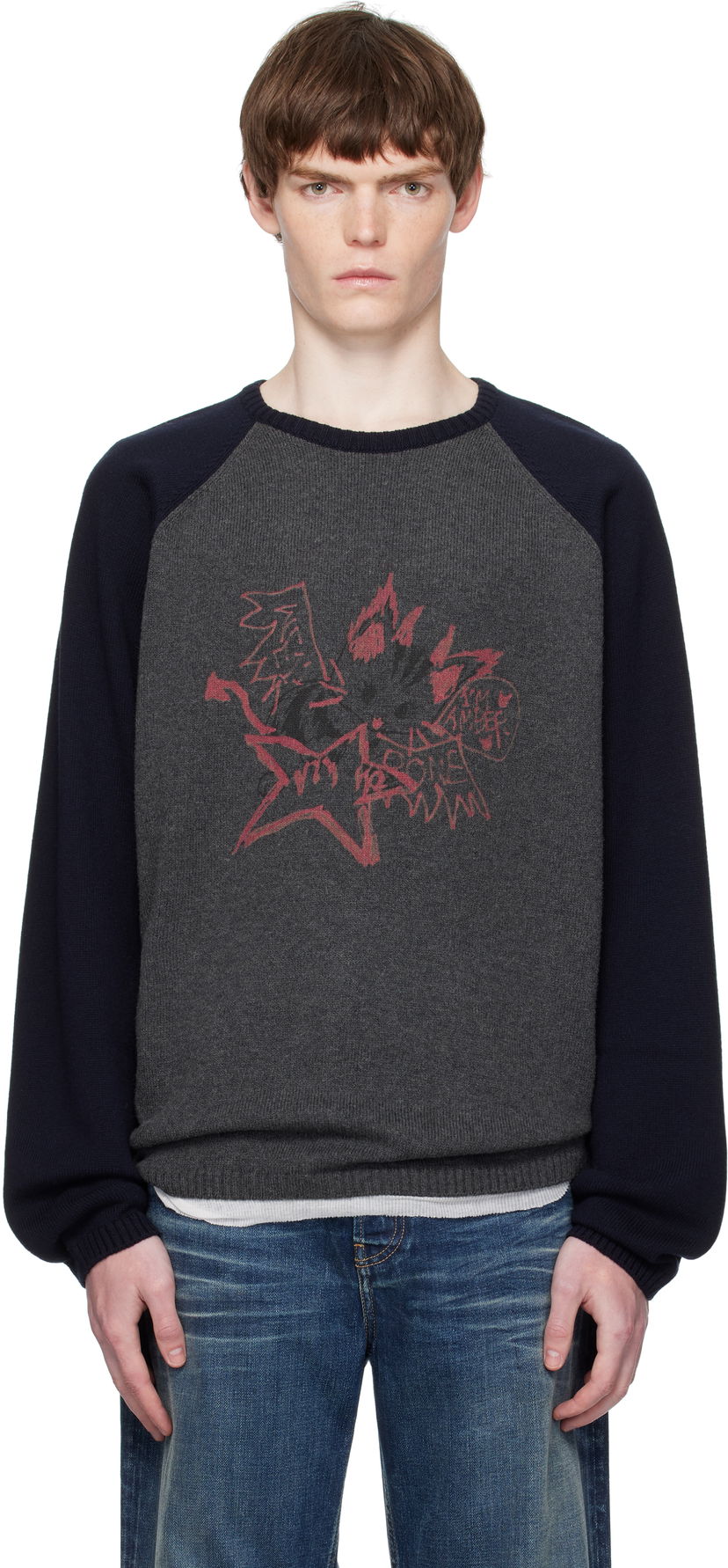 Džemper We11done We11done Printed Raglan Knit Pullover Sweater Siva | WD-KO2-25-659-U-CH