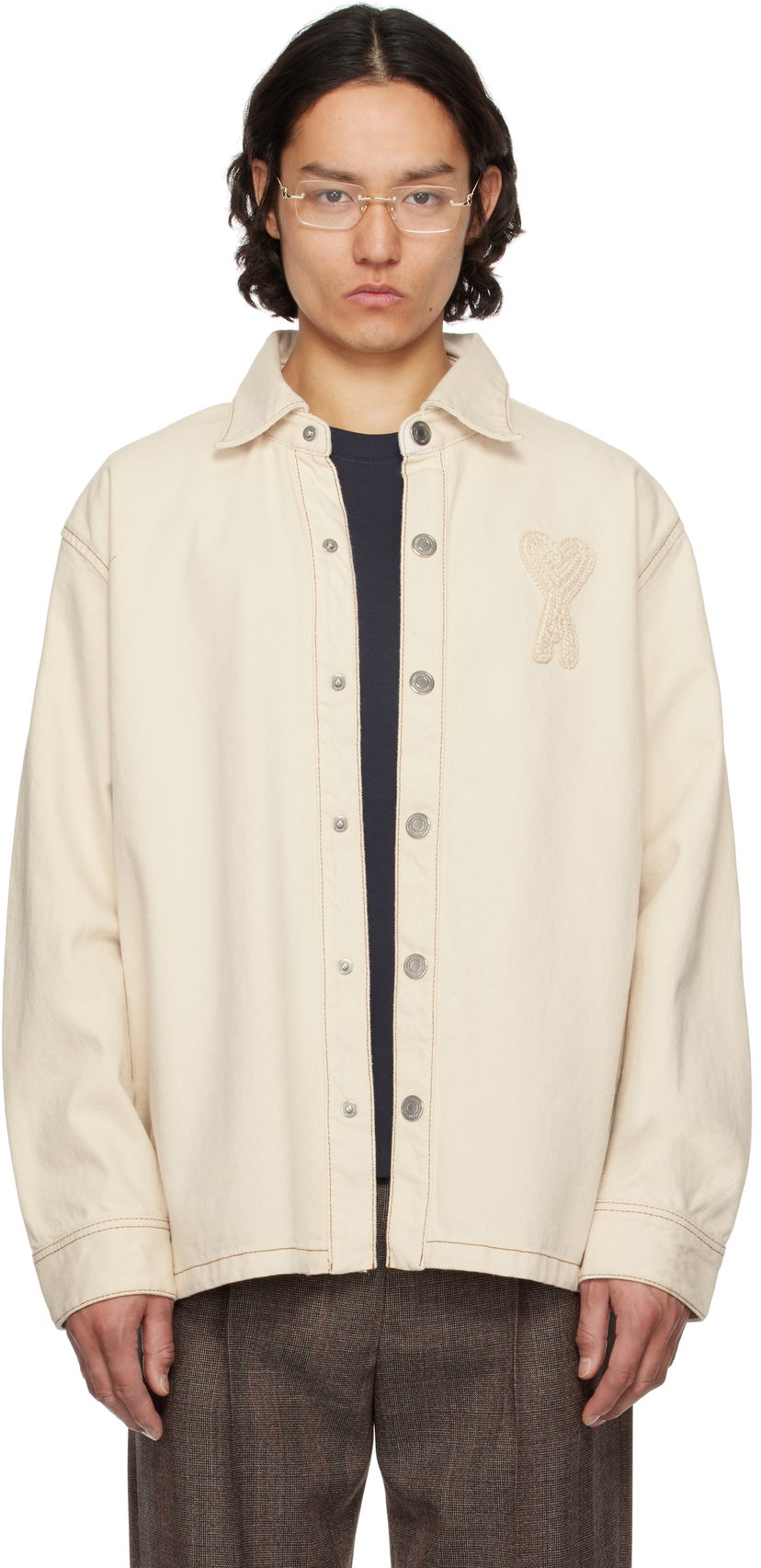 Košulja AMI AMI Paris Cotton Ami de Coeur Denim Overshirt Bež | HJK275.DE0039