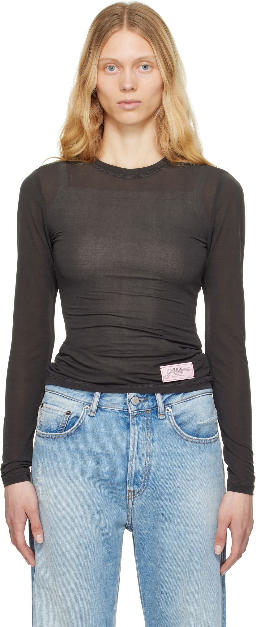 Majica kratkih rukava GANNI GANNI Sheer Mesh Jersey Long Sleeve T-shirt Siva | T4242