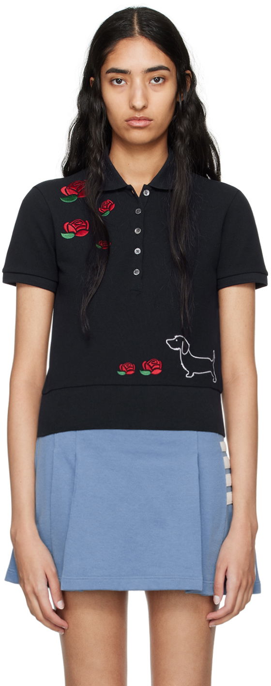 Polo majica Thom Browne Hector & Rose Embroidered Polo Crna | FJP096E-00050