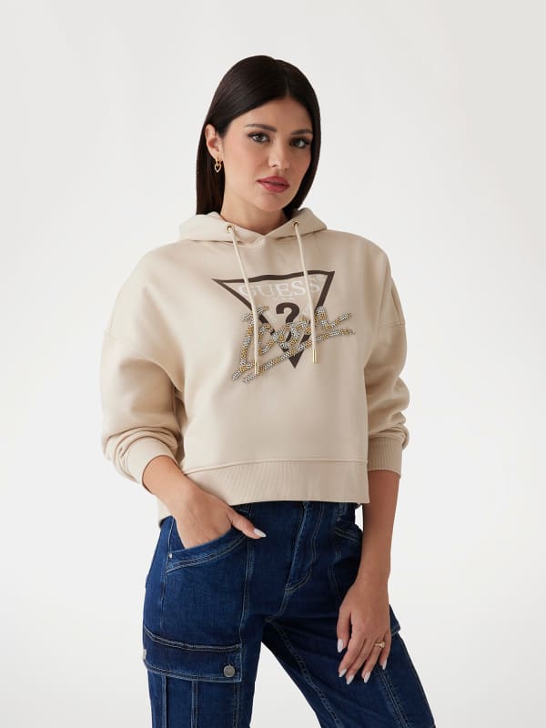Dukserice GUESS Women's Beige Cropped Hoodie with Rhinestone Logo Bež | W4BQ06KB683
