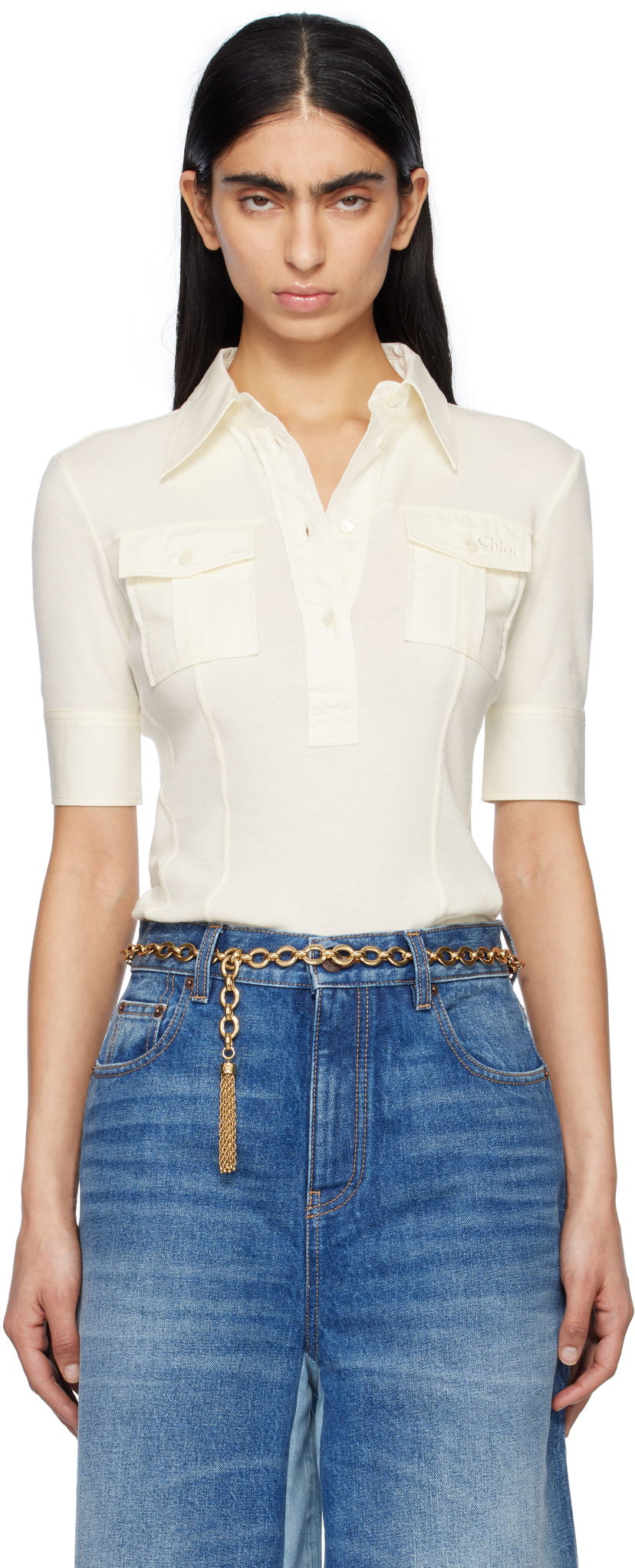 Polo majica CHLOÉ Chloé Short-Sleeve Utilitarian Polo Bijela | CH25SJH13182