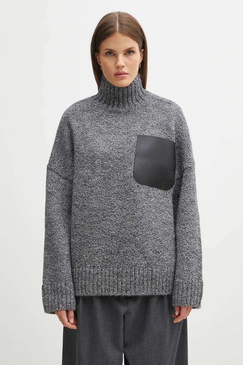 Džemper JW Anderson JW Anderson Turtleneck Wool Blend Sweater with Leather Patch Pocket Siva | KW1292.YN0367