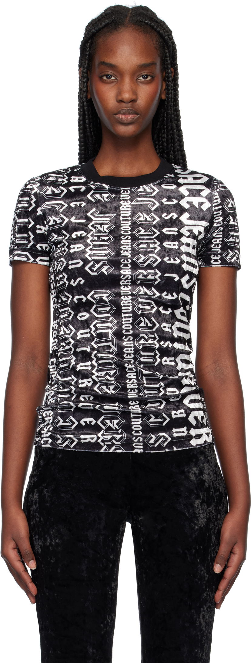 Majica kratkih rukava Versace Couture Logo Velvet T-Shirt Crna | E77HAH608_EJS403