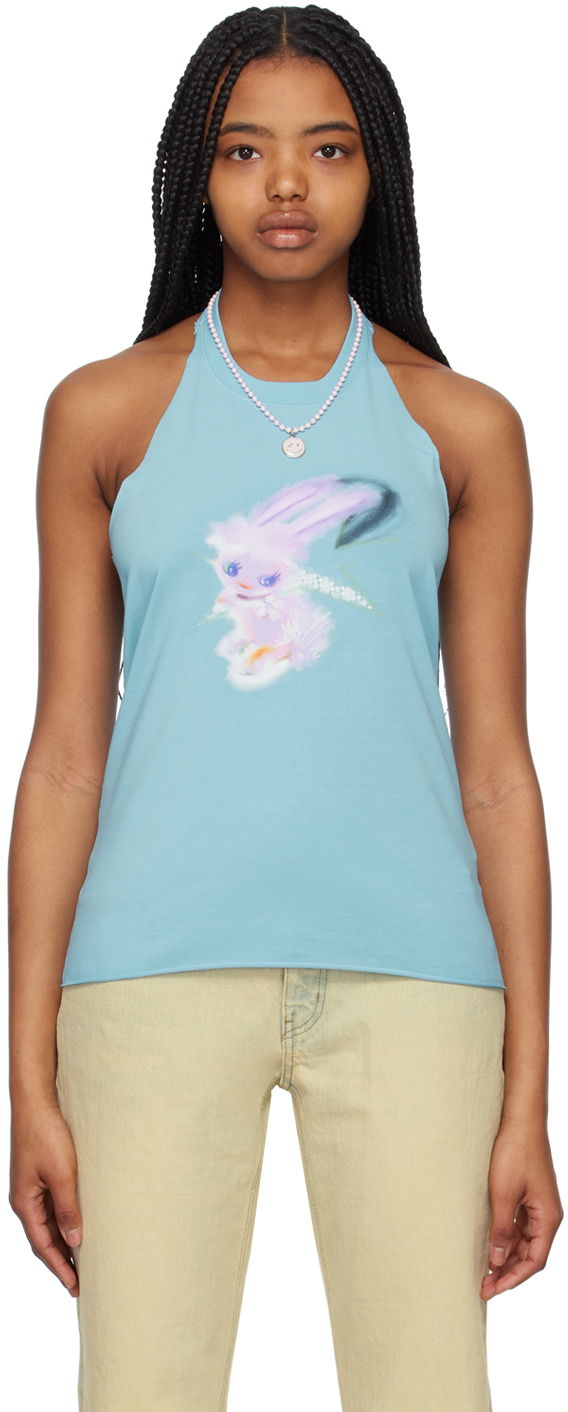 Majica bez rukava We11done Halter Graphic Tank Top Tirkiz | WD-TT1-23-738-W-SK