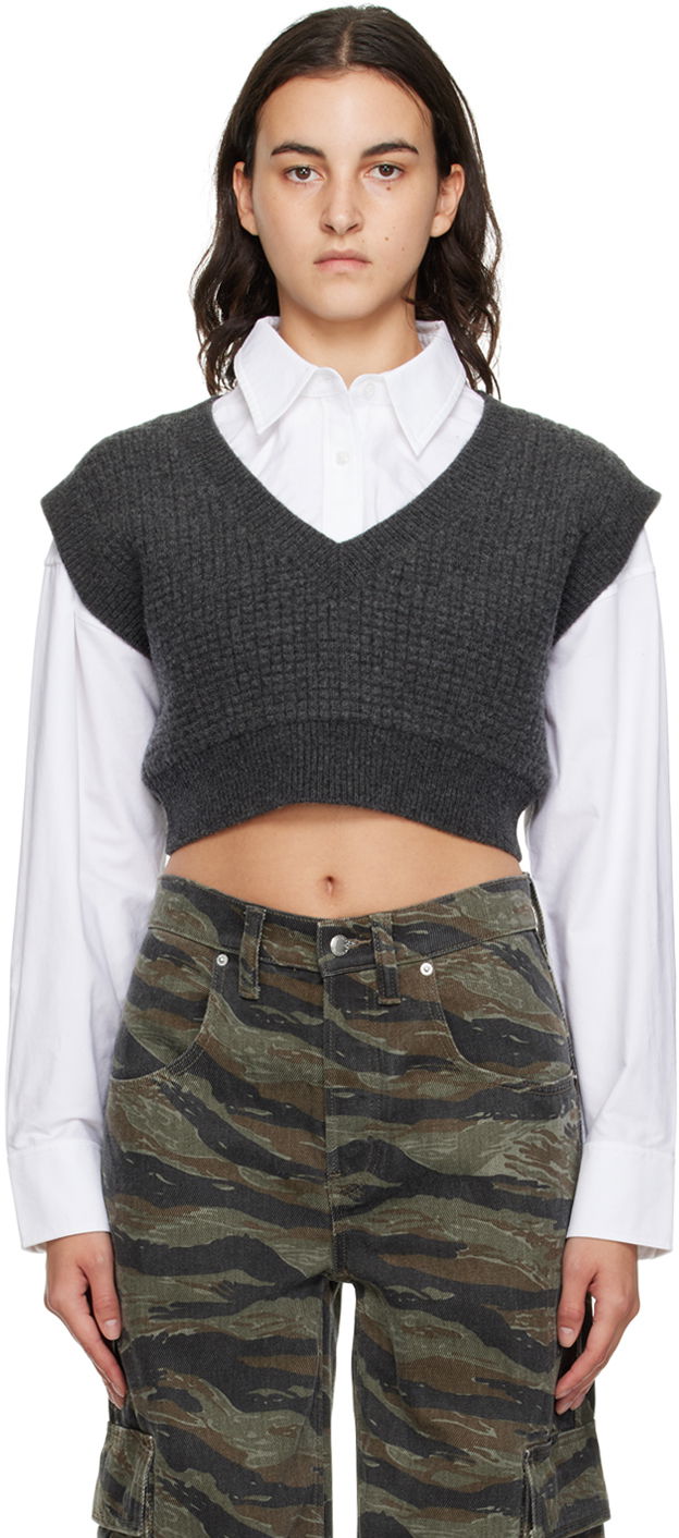 Džemper Alexander Wang Alexanderwang.t Layered Cropped Vest with V-Neck and Button-Down Shirt Siva | 4KC4231003