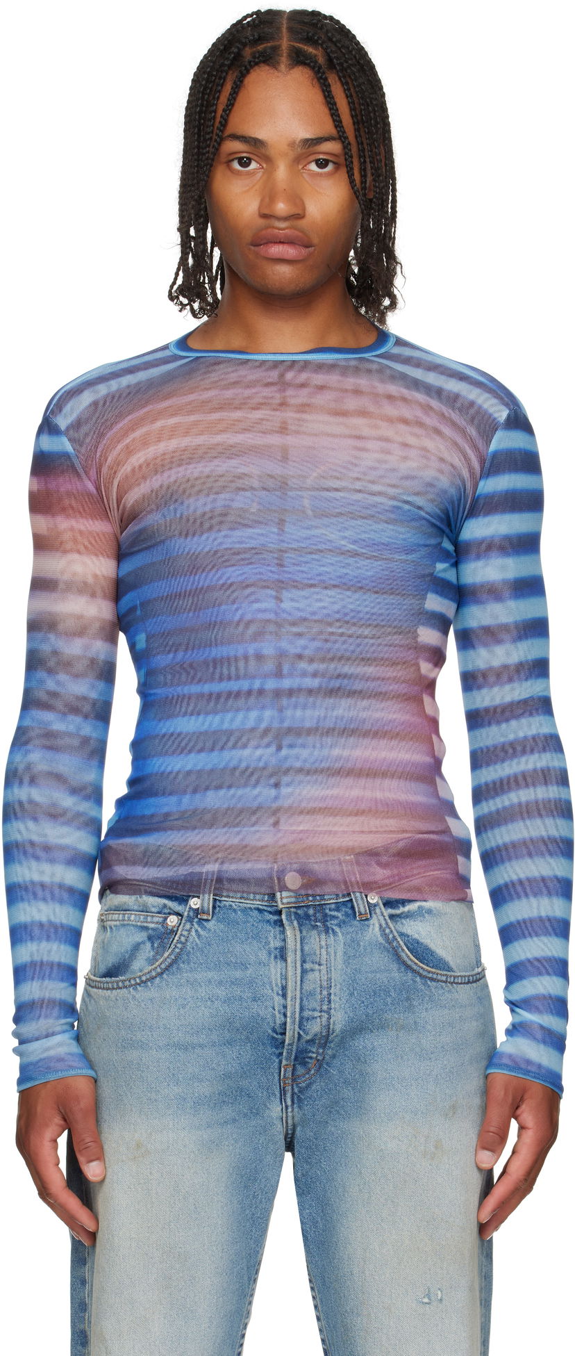 Majica kratkih rukava Jean Paul Gaultier Jean Paul Gaultier 'The Air' Striped Mesh Long Sleeve Plava | 25/03-W-TO336-M005P-565034
