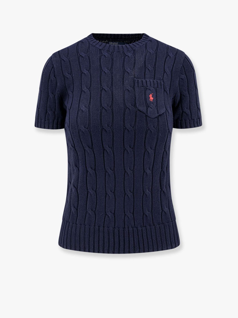 Džemper Polo by Ralph Lauren Women's Cable Knit Short Sleeve Sweater with Pocket by Polo Ralph Lauren Tamnoplava | 211895379010