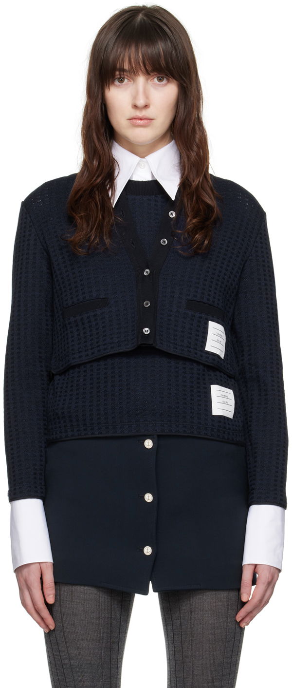Džemper Thom Browne Checkered Jacquard Cropped Cardigan Tamnoplava | FJT323A-J0133
