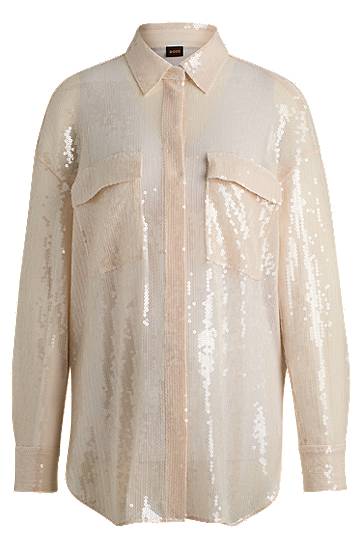 Košulja BOSS Relaxed-Fit Sequin Blouse with Point Collar Bež | 50524263