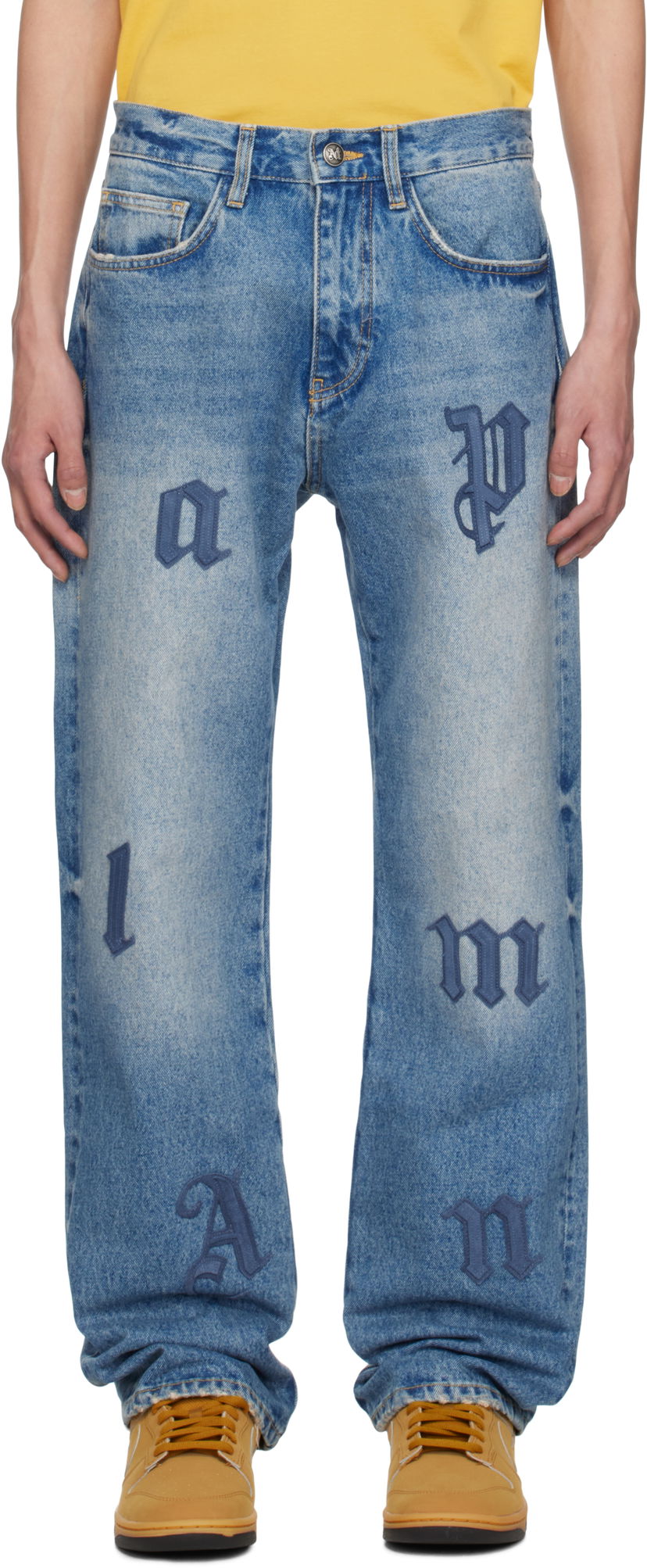 Jeans Palm Angels Palm Angels Logo Patch Straight Leg Jeans Plava | PMYA041S25DEN0064040