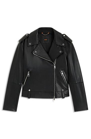 Jakna BOSS Grained Leather Jacket with Silver-Tone Trims Crna | 50541769