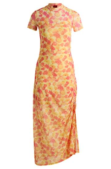 Haljina BOSS Floral-Print Mesh Midi Dress with Ruched Side Žuta | 50537179