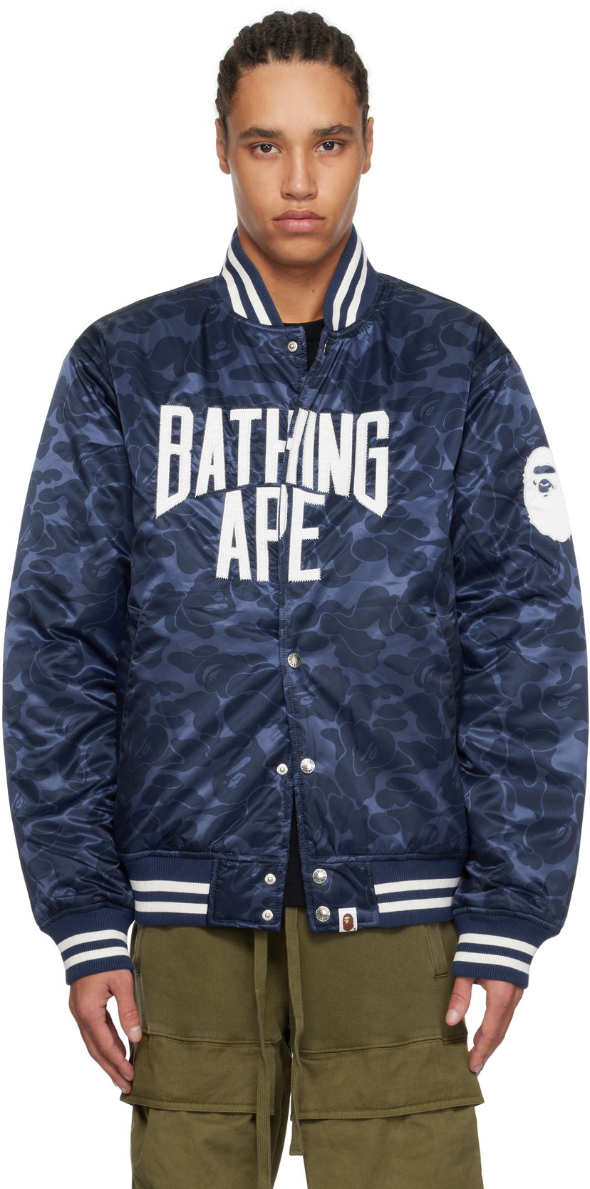Bomber jakna BAPE A Bathing Ape Camo Varsity Bomber Jacket Tamnoplava | 001HJK801005M