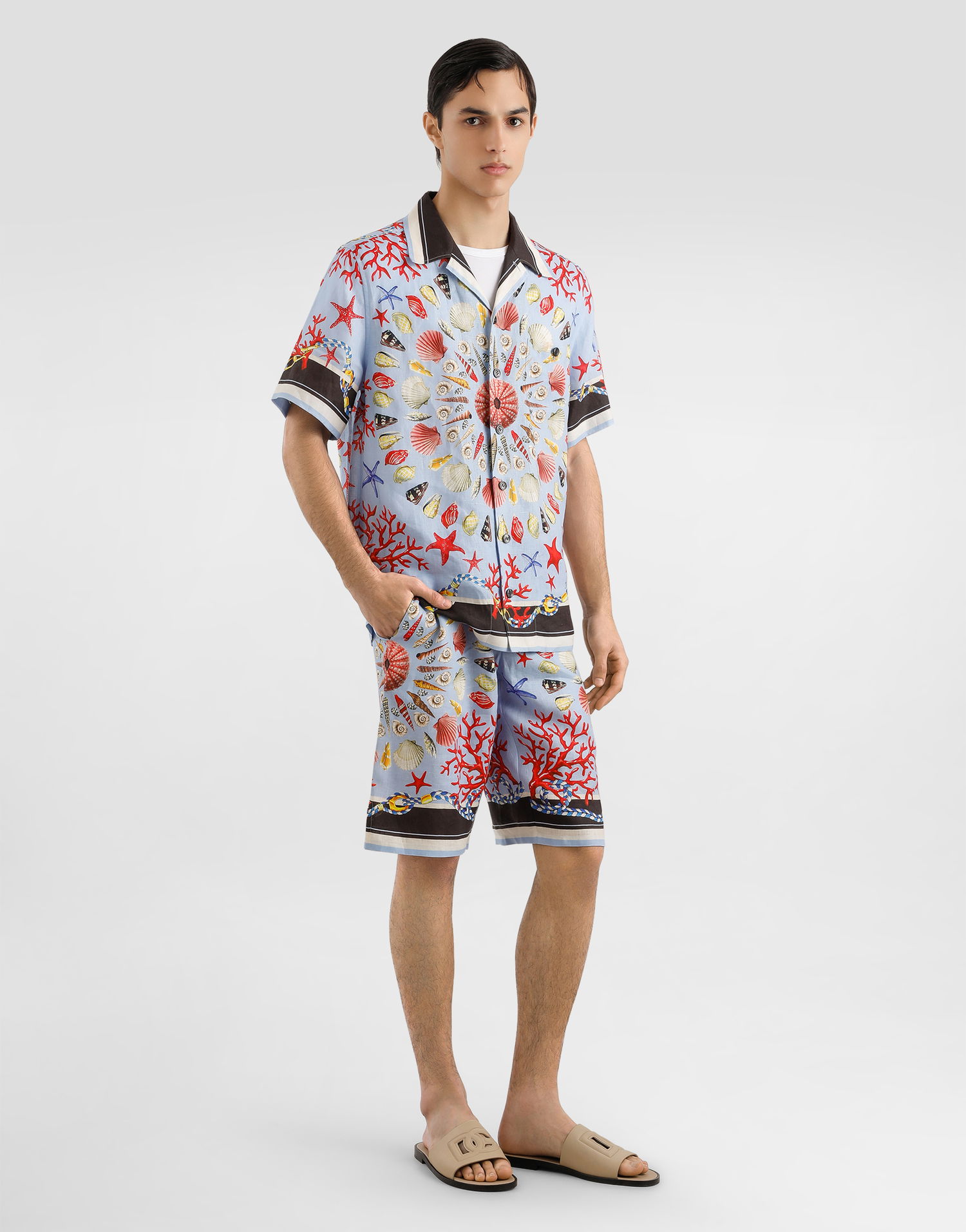 Kratke hlače Dolce & Gabbana Dolce & Gabbana Shell-Print Linen Drawstring Shorts Plava | GV37ATFP4NRHC5PJ, 1