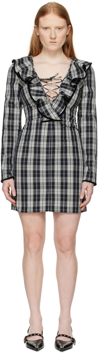 Haljina GANNI Plaid Ruffle Lace-up Long-sleeve Minidress Višebojno | F8749