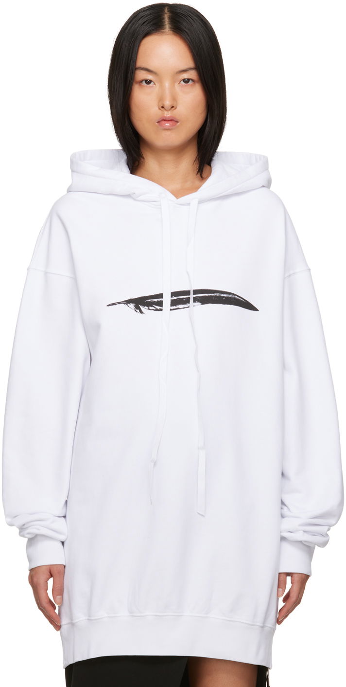 Dukserice Ann Demeulemeester Oversized Hoodie with Feather Print Bijela | 2302-W-JSW01-24-FA185-001