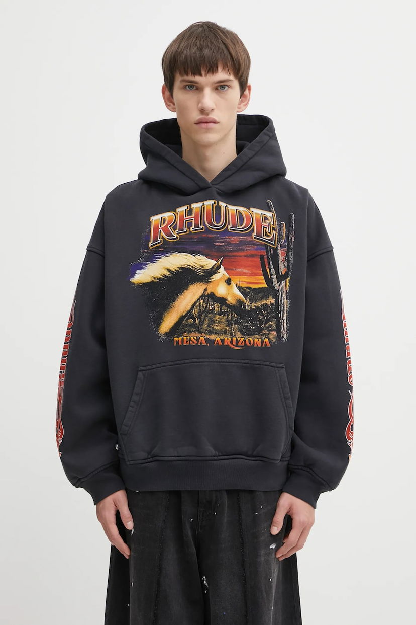Dukserice Rhude Cotton Graphic Hooded Sweatshirt Mesa Arizona Stallion Crna | RHFW25HO04012