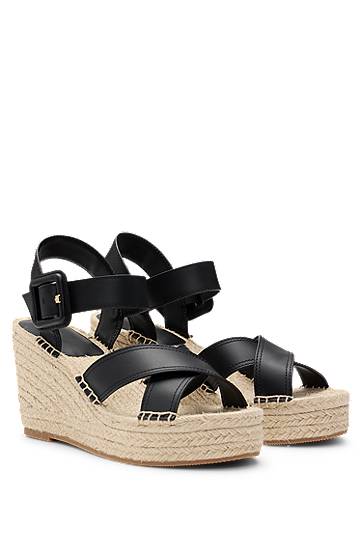 Dodaci BOSS Leather Strap Wedge Espadrilles Crna | 50546334