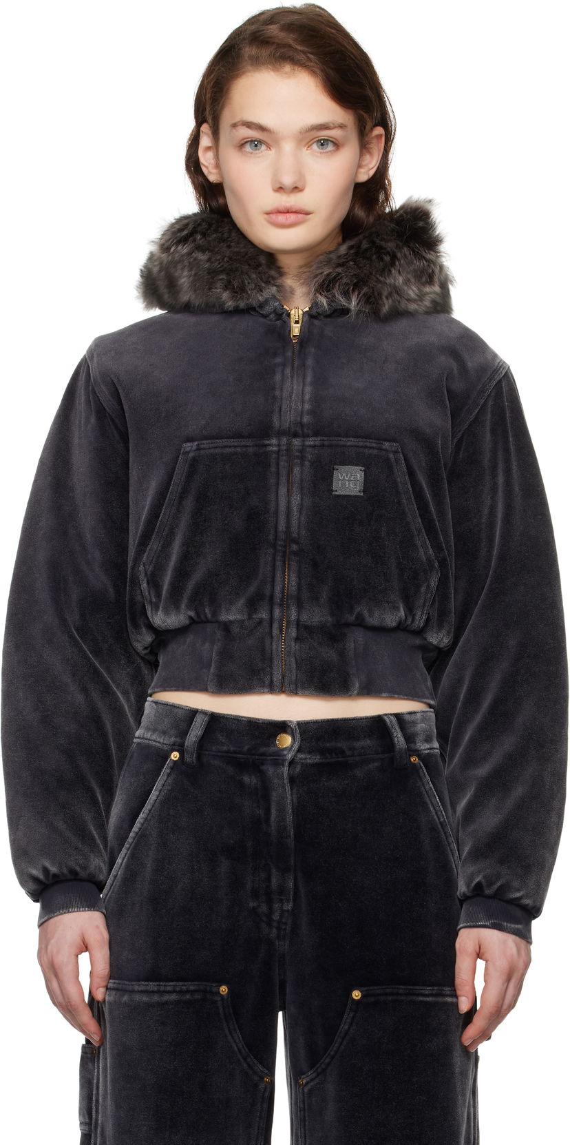 Dukserice Alexander Wang Velour Workwear Shearling Trim Jacket Crna | 4CC4242106