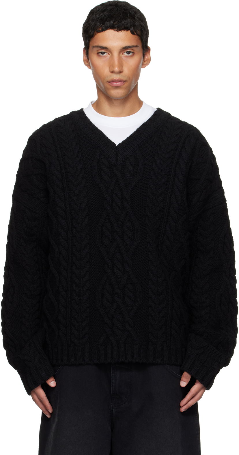 Džemper VETEMENTS VETEMENTS Cable Knit V-Neck Sweater Crna | UH76KN600B