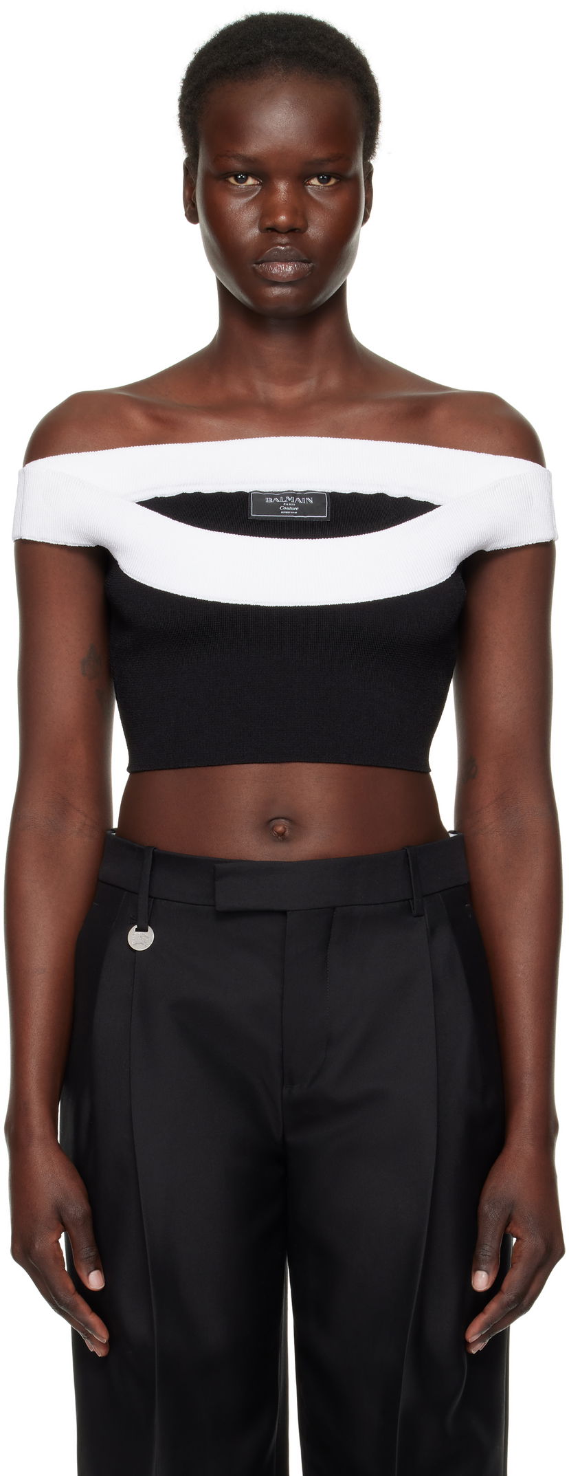 Džemper Balmain Balmain Two-Tone Knit Cropped Top Crna | EF1AA375KH82