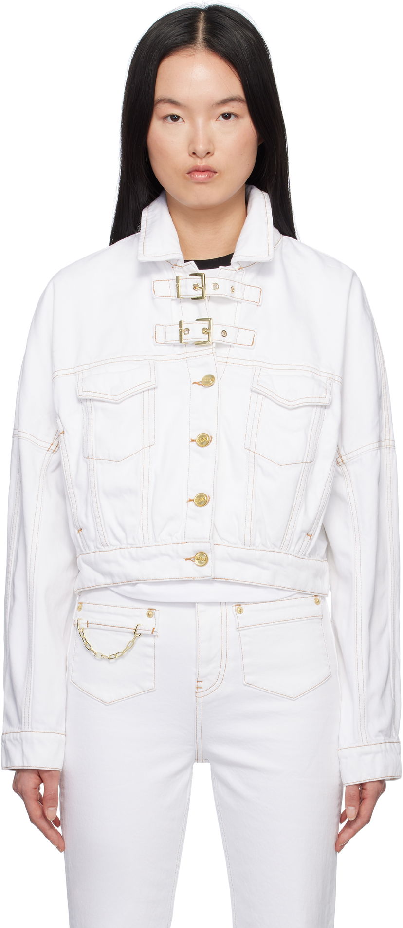 Jakna GANNI GANNI Pin-Buckle Cropped Denim Jacket Bijela | J1658