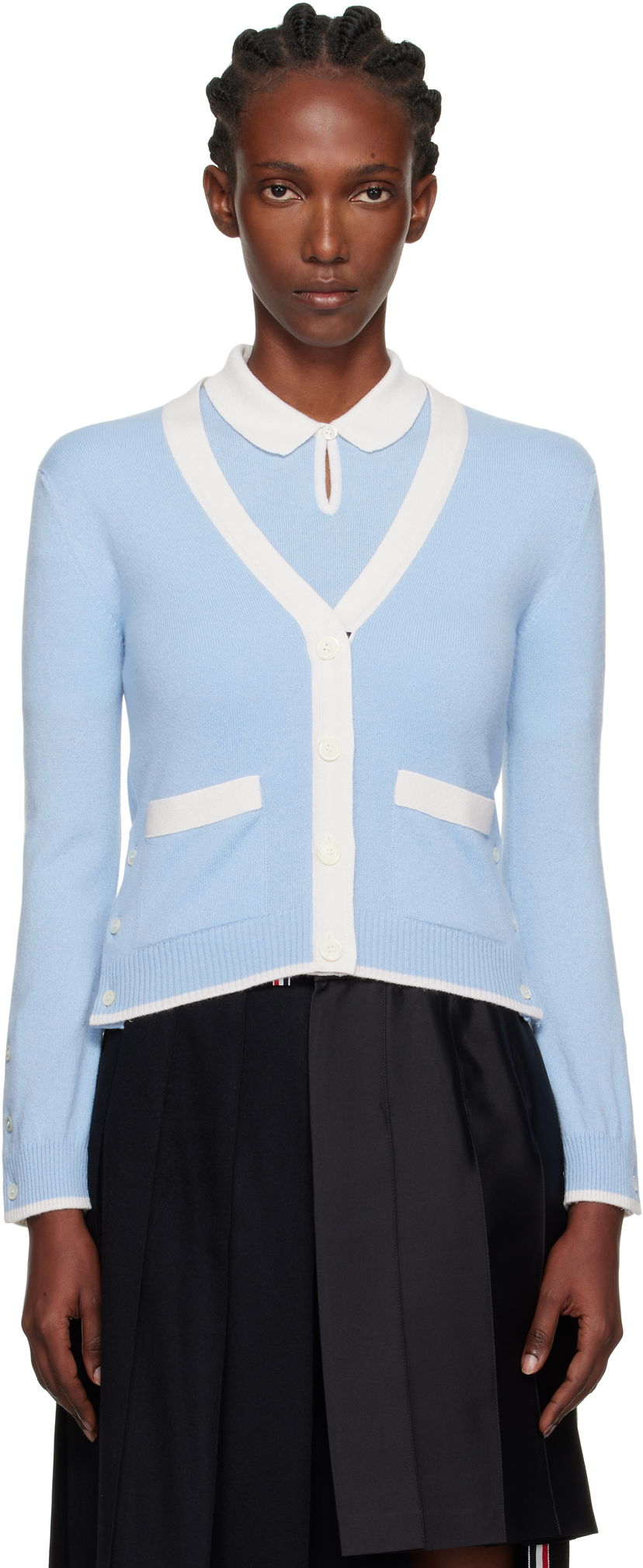 Džemper Thom Browne Thom Browne Jersey Stitch Cashmere V-Neck Cardigan Plava | FKC581A-Y2001