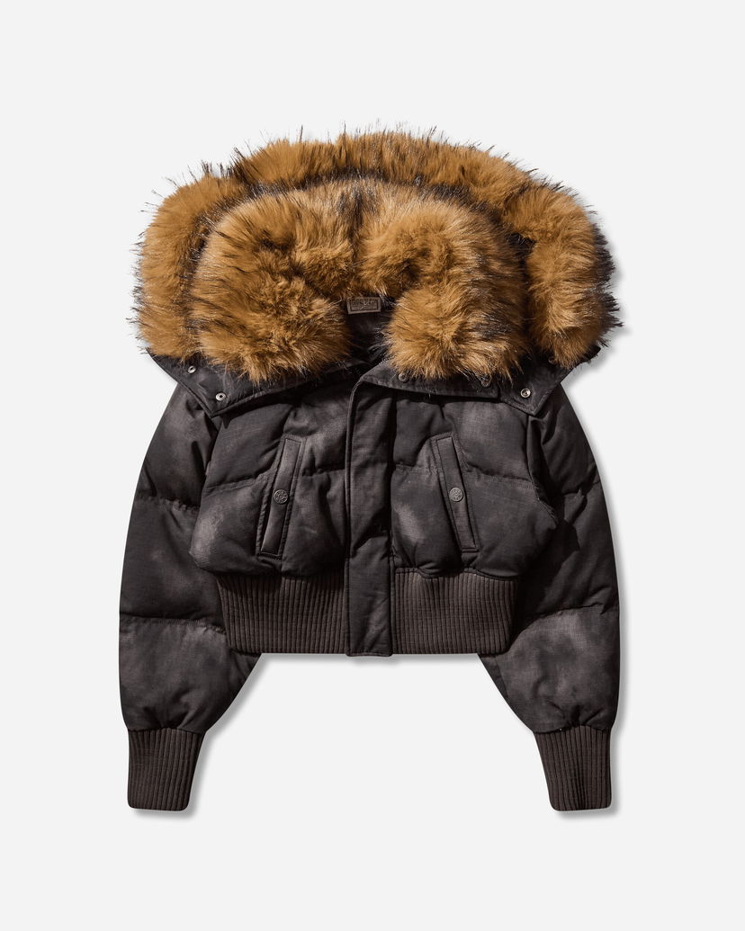 Pernata jakna GUESS Distressed Cropped Puffer Jacket with Faux Fur Hood Crna | W5BL10WGF30 JTMU