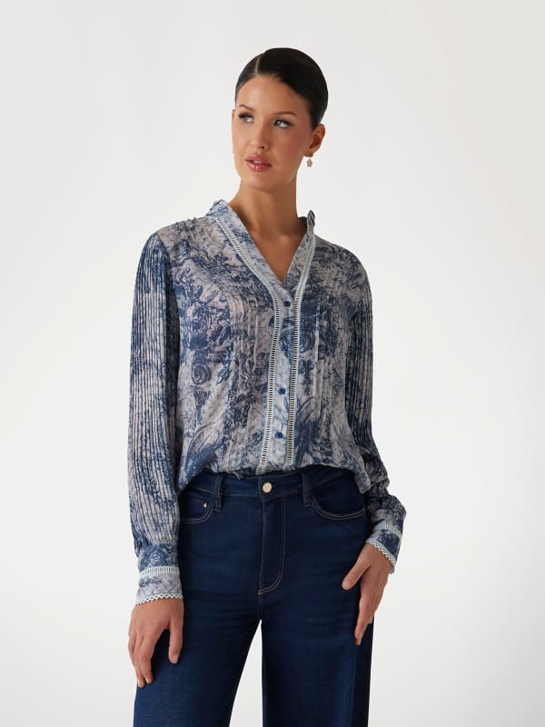 Košulja GUESS Floral V-Neck Chiffon Blouse Plava | W5RH16WDW82