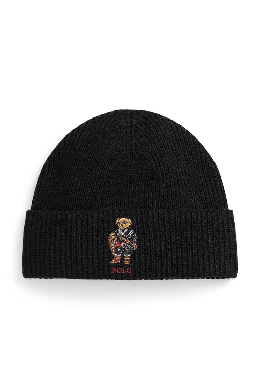 Kapica Polo by Ralph Lauren Ribbed Wool Blend Beanie with Polo Bear Crna | 449P02041