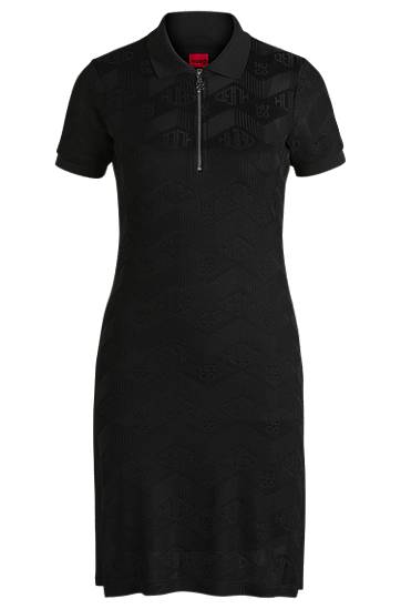 Haljina BOSS Jacquard Knit Dress with Logo Zip Placket Crna | 50537774