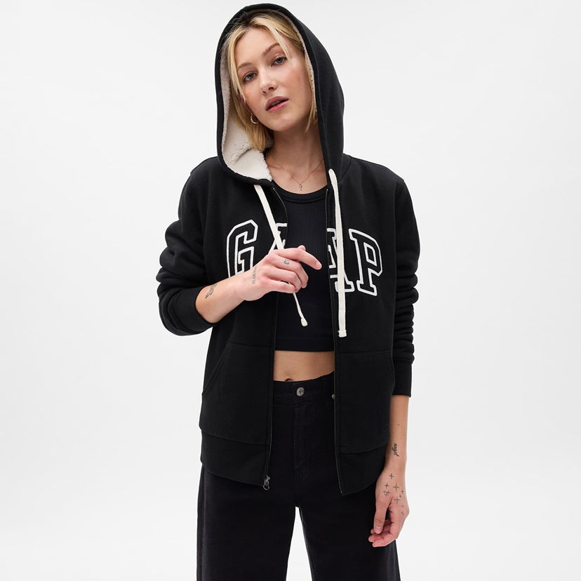 Dukserice GAP Sweatshirt Logo Sherpa Fullzip Hoodie True Black XS Crna | 741325-05