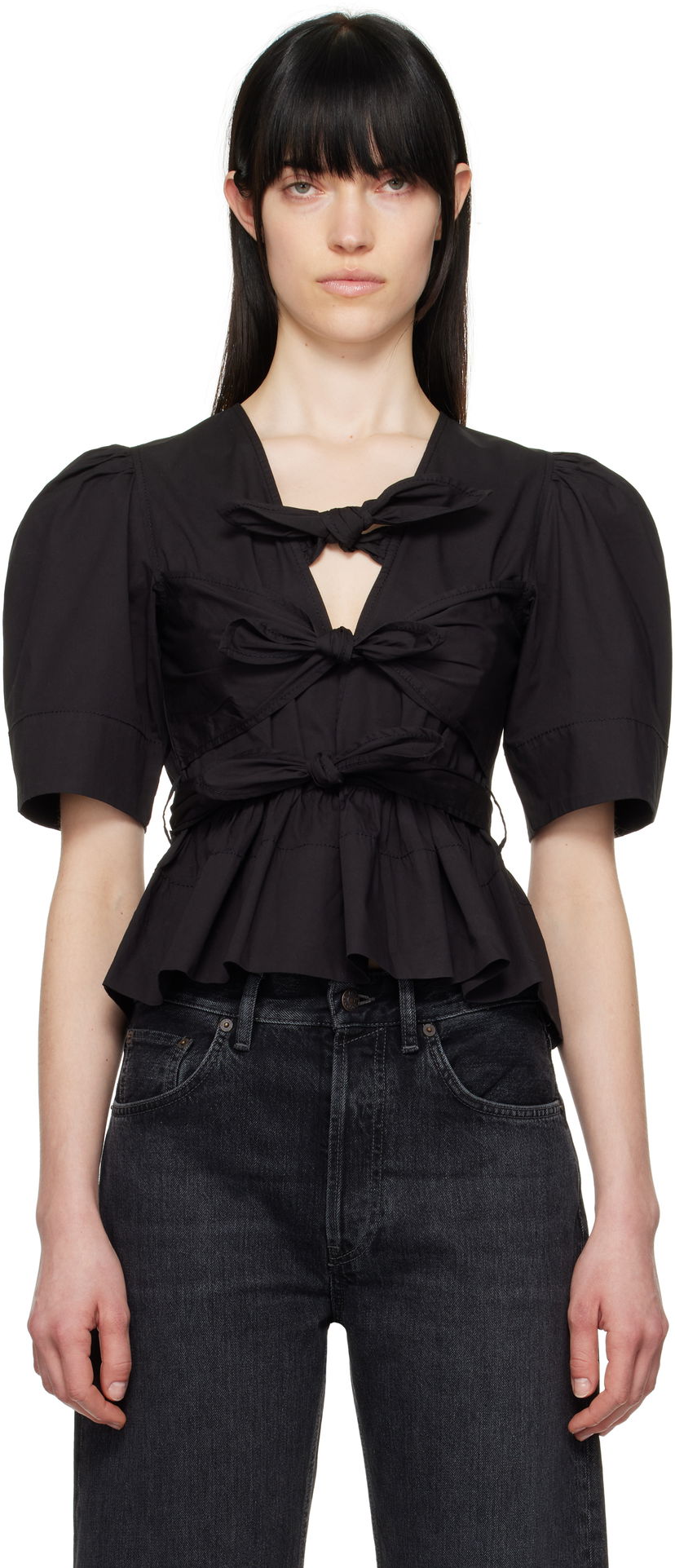 Crop top GANNI Ganni Tie Strap Stretch Cotton Peplum Blouse Crna | W0378