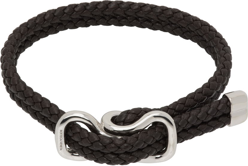 Narukvica Bottega Veneta Bottega Veneta Braided Leather Bracelet with Silver-Tone Clasp Crna | 829387V507C2113